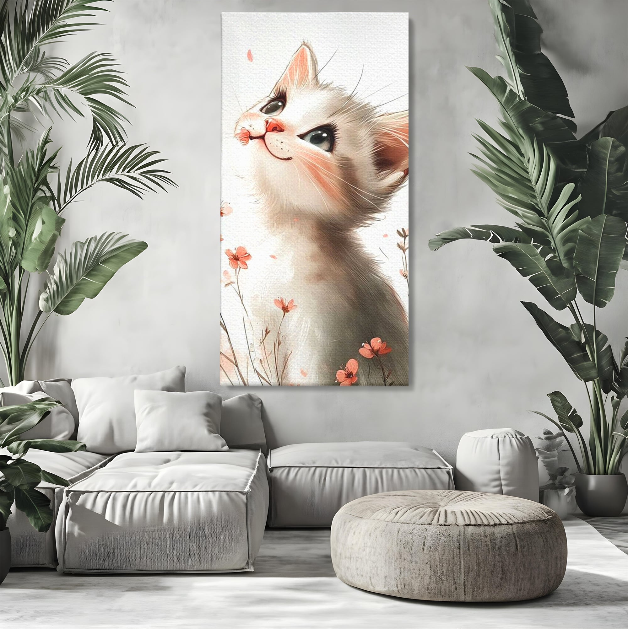 Tablou canvas cu ilustratie cu pisicuta alba si flori roz, fara rama, pe sasiu de lemn, pe perete intr-un living